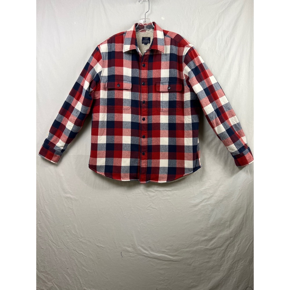 J.Crew Shirt Jacket Mens L Red Blue White Plaid Sherpa Lined Flannel Shacket